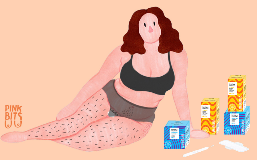 Illustration of woman with TOTM organic cotton period care