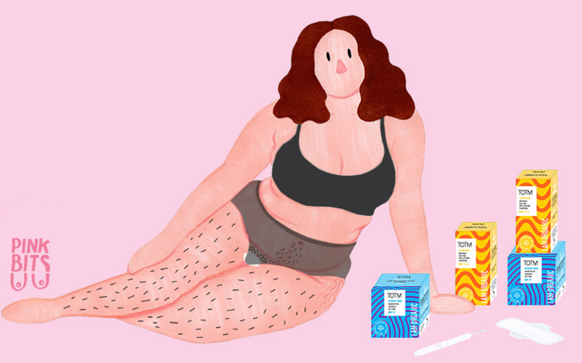 Illustration of woman with TOTM organic cotton period care