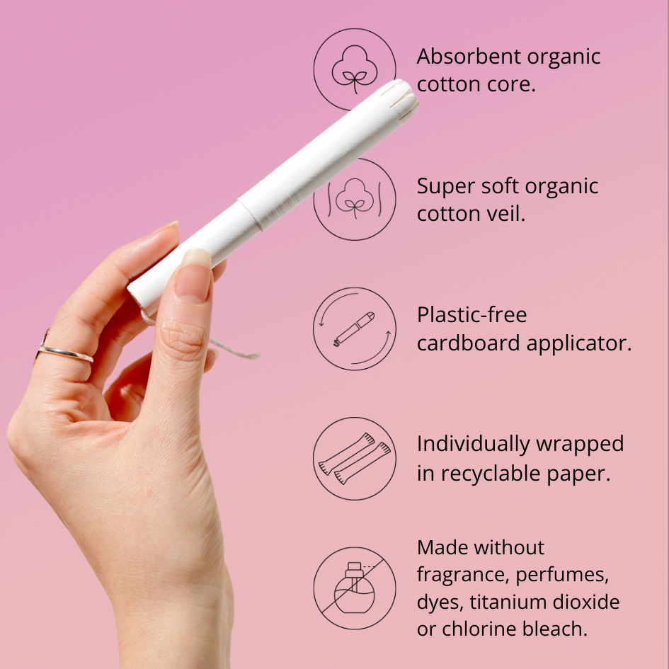 Image showing benefits of applicator tampons. Super soft, absorbent, organic, biodegradable cardboard applicator, individually wrapped in recyclable paper, made without toxins, chemicals, dyes and harsh chemicals.