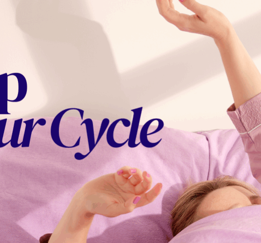 Woman in purple pyjamas stretching arms above head in bed. Text reads 'Sleep & Your Cycle'